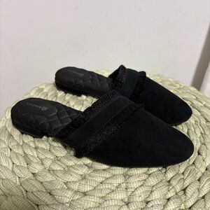 Birdies Ani Fringe Black Suede Slip On Comfort Slipper Mule Flats